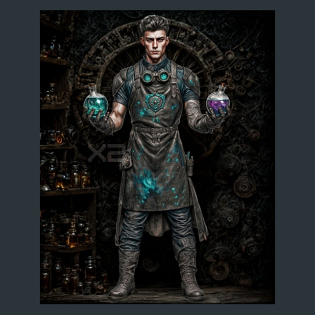 Alchemist Hunter with Vials Metal Wall Art and Desktop Mouse Pad by X2Metal