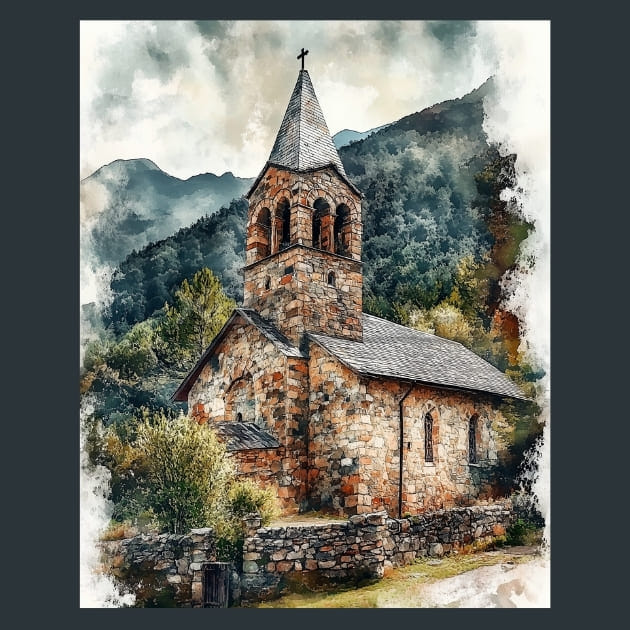 Andorra Romanesque Church Village Scene Metal Wall Art and Desktop Mouse Pad by X2Metal