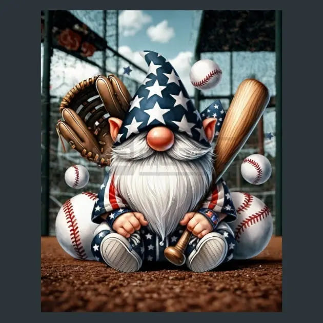 A metal print  image of a baseball-themed gnome sits on a dirt field surrounded by baseballs, a bat, a glove, and a wooden stick, wearing an American flag patterned outfit and hat. The background shows a blurred baseball stadium.