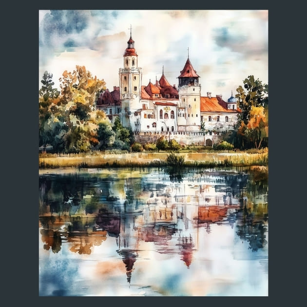 Belarus Mir Castle Reflection View Metal Wall Art and Desktop Mouse Pad by X2Metal
