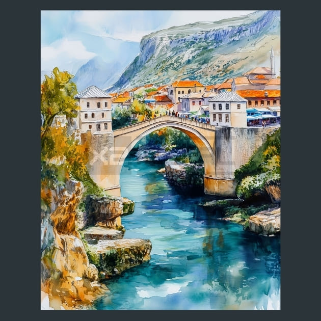 Bosnia and Herzegovina Mostar Old Bridge View Metal Wall Art and Desktop Mouse Pad by X2Metal