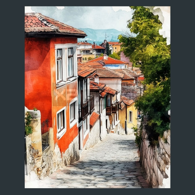 Bulgaria Plovdiv Old Town Colorful Streets Metal Wall Art and Desktop Mouse Pad by X2Metal