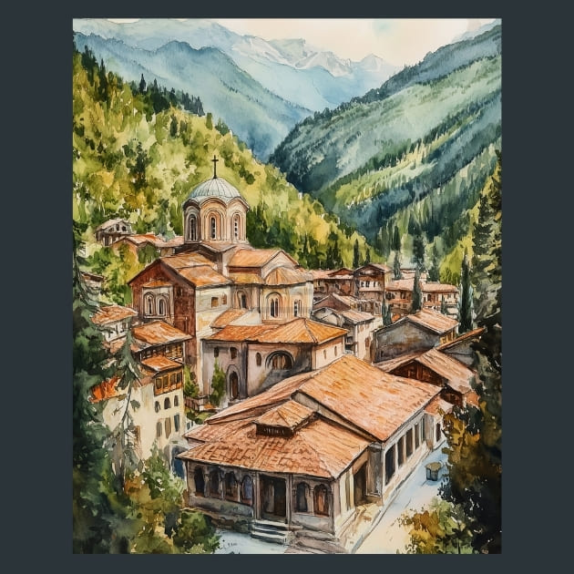 Bulgaria Rila Monastery Mountain View Metal Wall Art and Desktop Mouse Pad by X2Metal