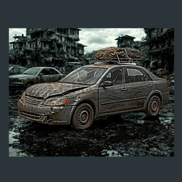 Car with Luggage-Zombie Wasteland Metal Wall Art and Desktop Mouse Pad by X2Metal