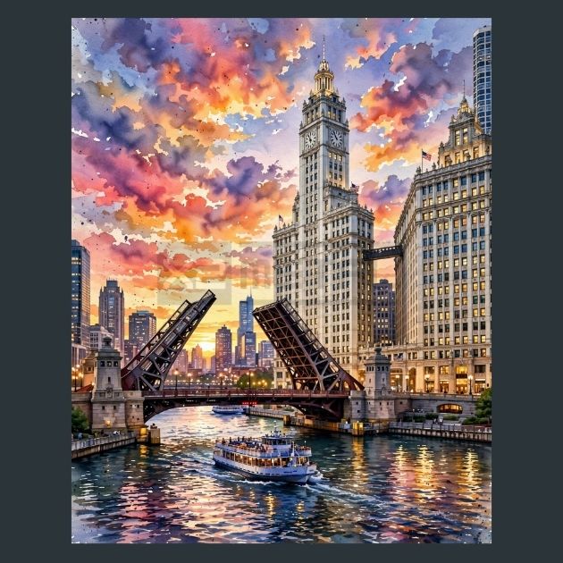 Chicago-River-Sunset-Metal-Print