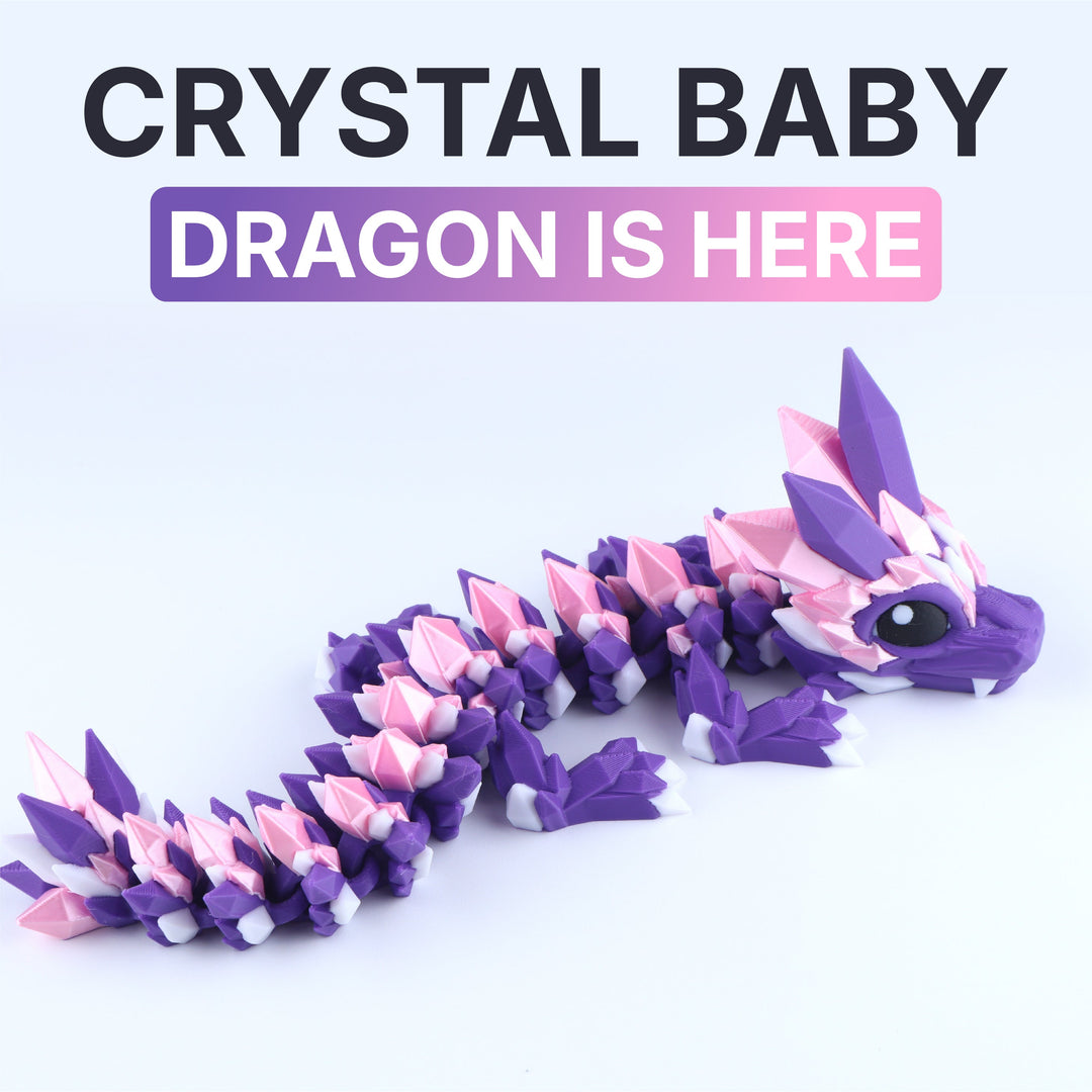Toy dragon with purple and pink colors on a white background, text &