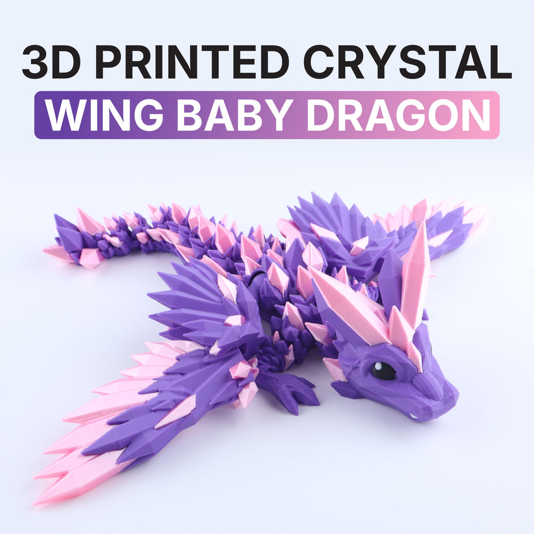 3D printed crystal wing baby dragon toy on a white background with text above it.
