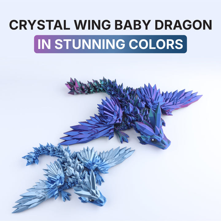 Crystal wing baby dragon toy with blue and purple colors on a white background