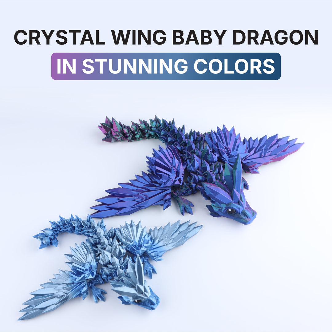 Crystal wing baby dragon toy with blue and purple colors on a white background