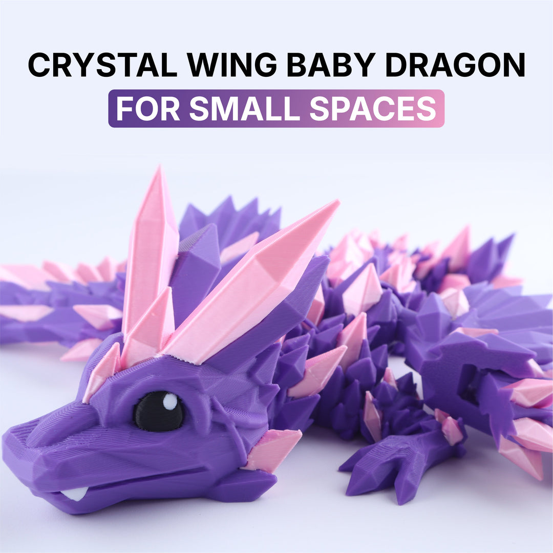 Purple and pink dragon toy with crystal-like wings on a light purple background