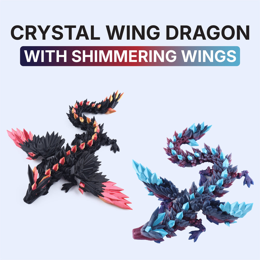 Two crystal wing dragon figurines with shimmering wings on a light blue background.