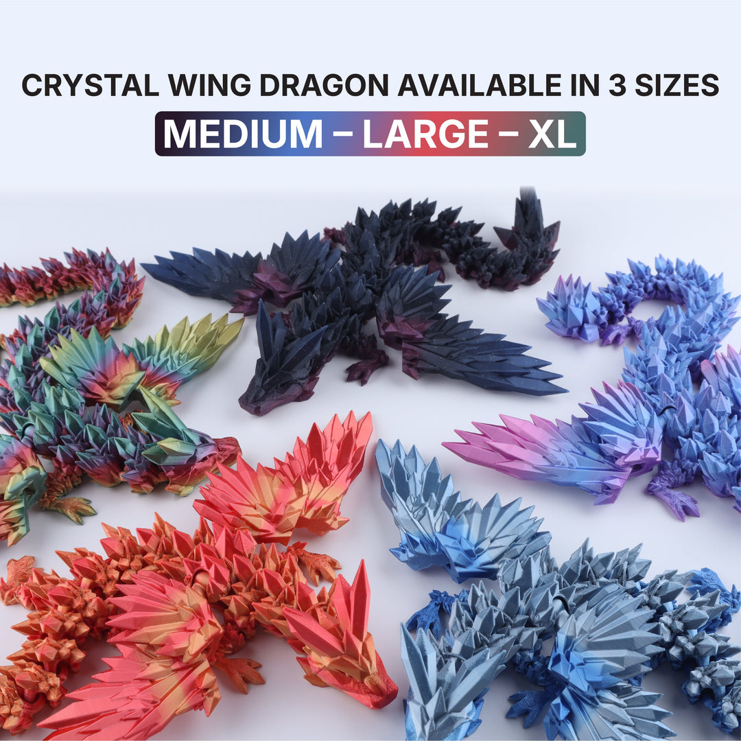 Crystal wing dragons in various colors and sizes on a white background with text indicating size availability.