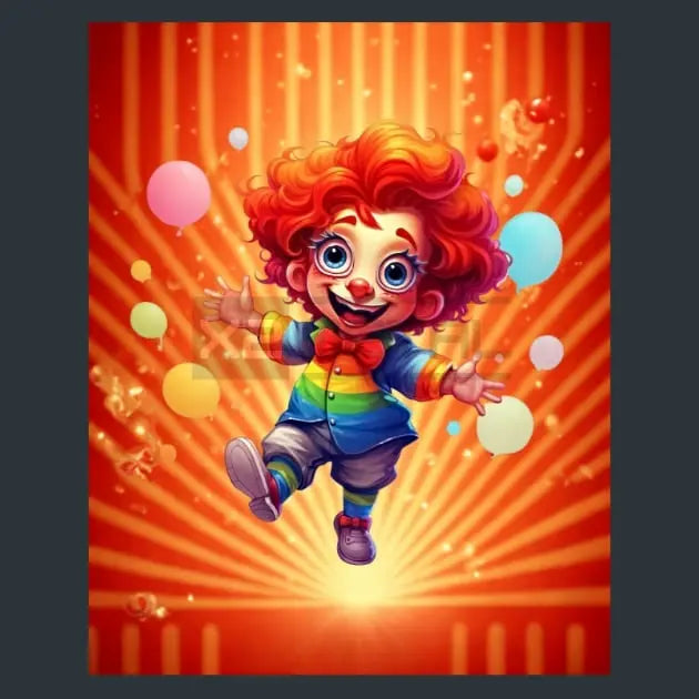 A colorful metal print of a  cartoon illustration of a clown character with curly red hair, blue eyes, and a rainbow striped outfit, floating against a bright orange and red sunburst background with floating balloons.