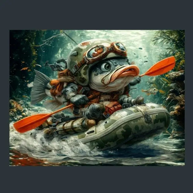 A stylized fantasy metal print artwork of a fish character wearing goggles and a helmet, paddling in a camouflage inflatable raft with orange paddles in a dark, underwater forest-like scene.
