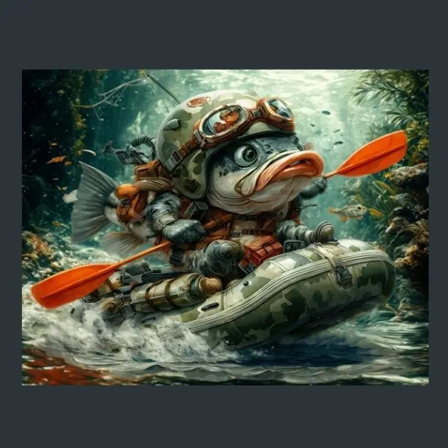 A stylized fantasy metal print artwork of a fish character wearing goggles and a helmet, paddling in a camouflage inflatable raft with orange paddles in a dark, underwater forest-like scene.