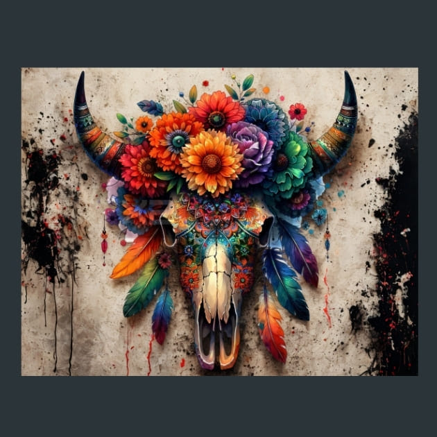 Floral Bull Skulls 010 Metal Wall Art and Desktop Mouse Pad by X2Metal