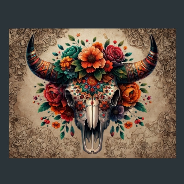 Floral Bull Skulls 08 Metal Wall Art and Desktop Mouse Pad by X2Metal