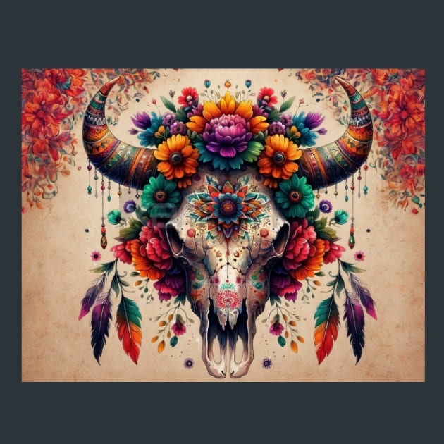Floral Bull Skulls 11 Metal Wall Art and Desktop Mouse Pad by X2Metal