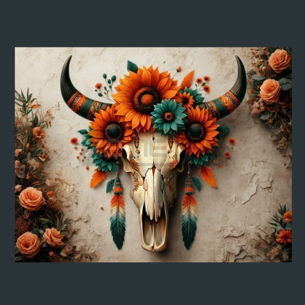 Floral Bull Skulls 6 Metal Wall Art and Desktop Mouse Pad by X2Metal