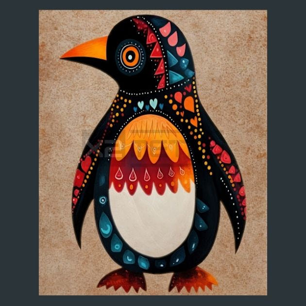 Folk Art Penguins 1 Metal Wall Art and Desktop Mouse Pad by X2Metal