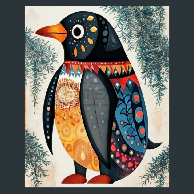 Folk Art Penguins 4 Metal Wall Art and Desktop Mouse Pad by X2Metal