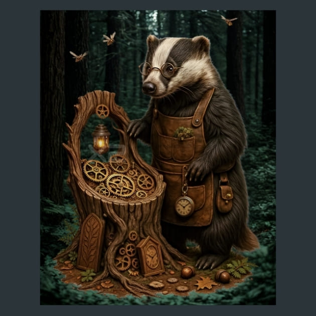 Forest-Clockmaker-Badger-Magical-Forest-metal-prints-posters-mouse-pads