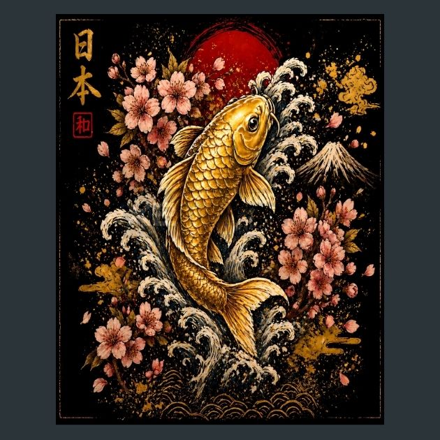 Golden-Koi-Fish-Sakura-Wave-Japanese-Metal-Print