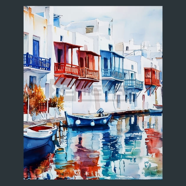 Greece Mykonos Colorful Waterfront Metal Wall Art and Desktop Mouse Pad by X2Metal