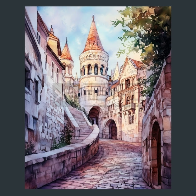 Hungary Fishermans Bastion Street Scene Metal Wall Art and Desktop Mouse Pad by X2Metal