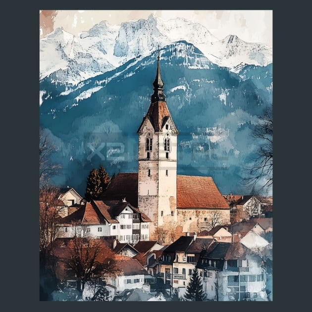 Liechtenstein Balzers Church and Mountains View Metal Wall Art and Desktop Mouse Pad by X2Metal