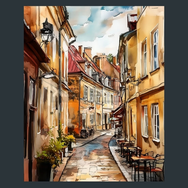 Lithuania Vilnius Old Town Street Scene Metal Wall Art and Desktop Mouse Pad by X2Metal