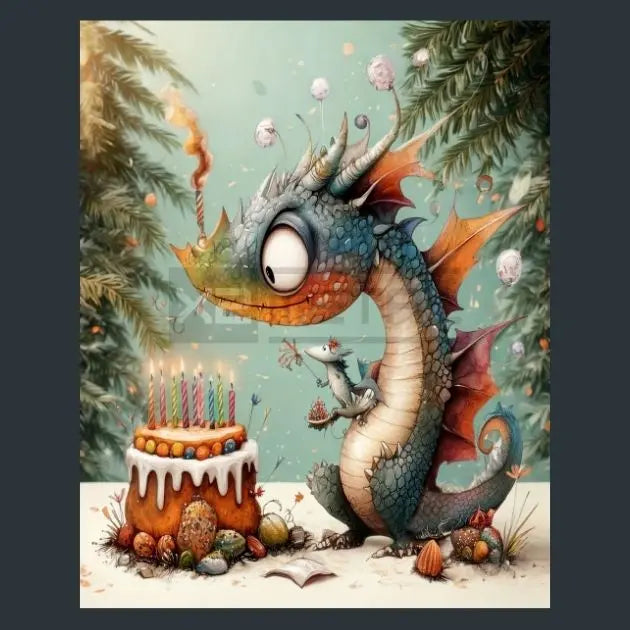 Metal Print image of a Fantasy dragon with a birthday cake and candles in a forest setting