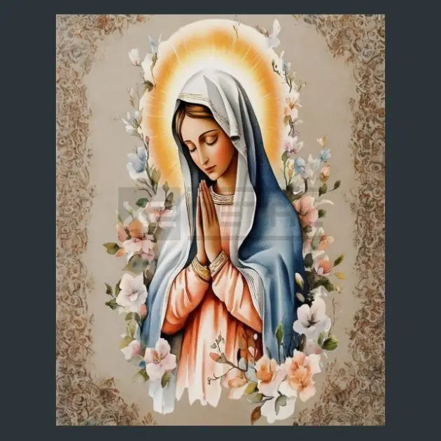 A religious metal art print depicting the Virgin Mary in a prayer pose, surrounded by a golden halo and white flowers, set against a beige ornate border on a dark gray background.