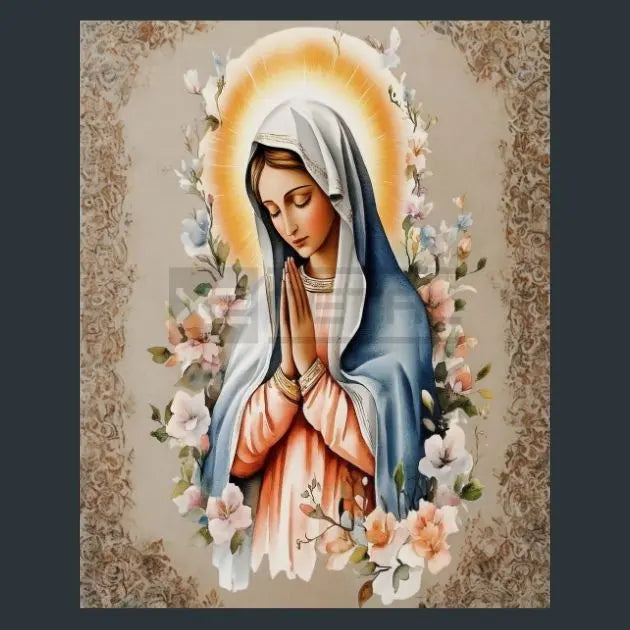 A religious metal art print depicting the Virgin Mary in a prayer pose, surrounded by a golden halo and white flowers, set against a beige ornate border on a dark gray background.