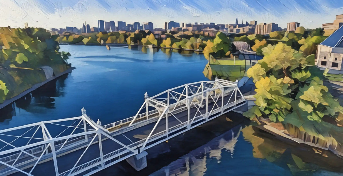 A stylized cityscape artwork showing a white truss bridge over a blue river, with green trees, buildings, and a pale sky in the background.