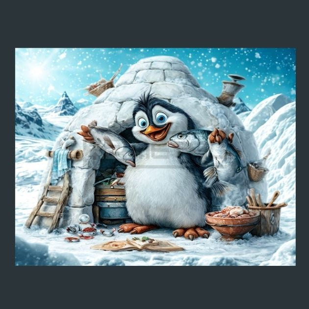 Penguin iglu fish 10 Metal Wall Art and Desktop Mouse Pad by X2Metal