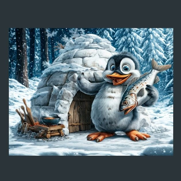 Penguin iglu fish 5 Metal Wall Art and Desktop Mouse Pad by X2Metal