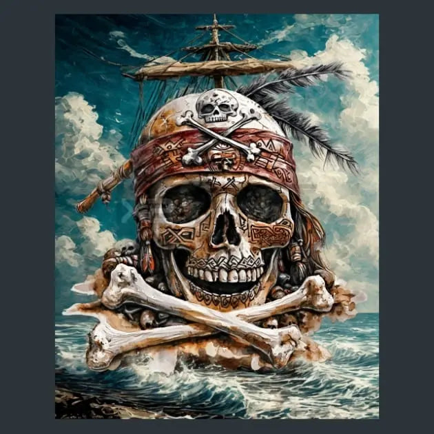 A pirate skull metal print artwork rising from ocean waves, with crossed bones in front, a feathered bandana, and a ship mast against a cloudy sea sky.