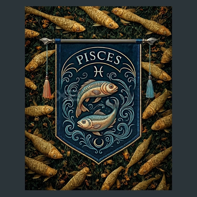 Pisces-Zodiac-Banners Metal Wall Art and Desktop Mouse Pad by X2Metal