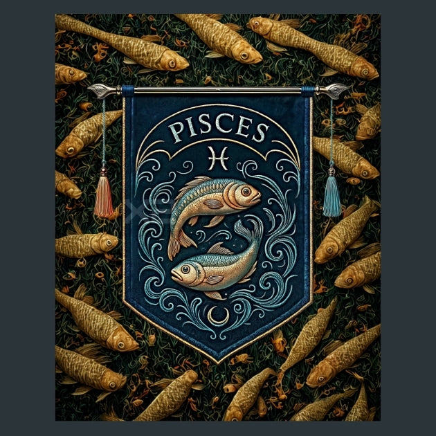 Pisces-Zodiac-Banners Metal Wall Art and Desktop Mouse Pad by X2Metal