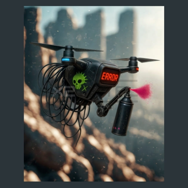 Punk Cyber Graffiti Drone Metal Wall Art and Desktop Mouse Pad by X2Metal