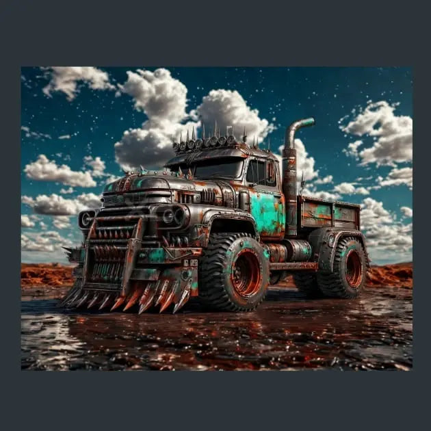 A heavily customized, rusty industrial  metal prints image of a truck with a front claw attachment, teal paint accents, and oversized tires, set in a muddy desert landscape under a dramatic cloudy sky.