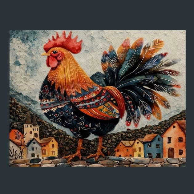 Rooster Sunrise 59 Metal Wall Art and Desktop Mouse Pad by X2Metal