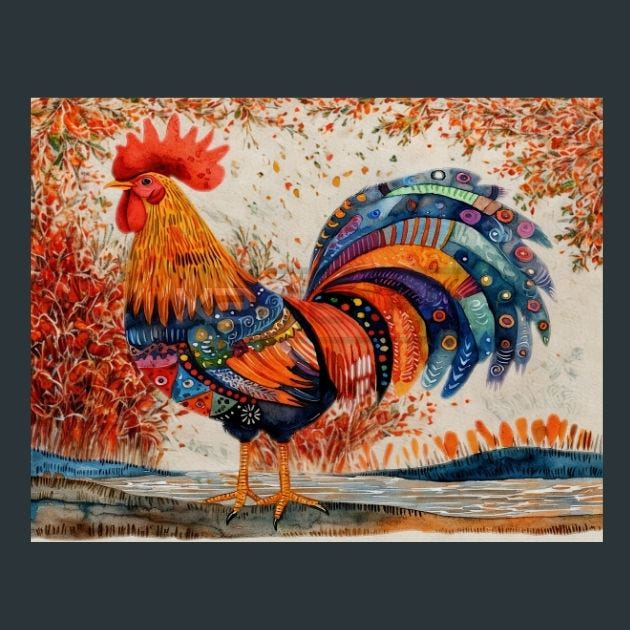 Rooster Sunrise 65 Metal Wall Art and Desktop Mouse Pad by X2Metal