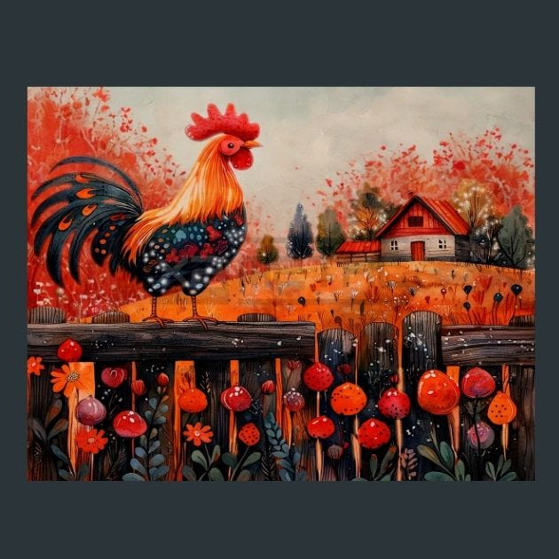 Rooster Sunrise 70 Metal Wall Art and Desktop Mouse Pad by X2Metal