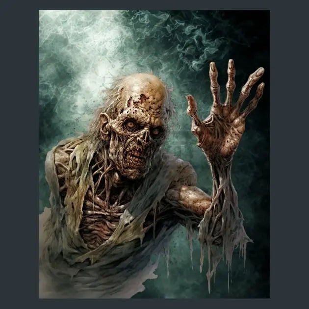 A horror metal print of a artwork of a decaying zombie-like creature with exposed skeletal ribs, tattered skin, and a raised clawed hand against a smoky dark green background.