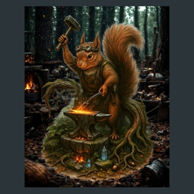 Squirrel-Blacksmith-Magical-Forest-metal-prints-posters-mouse-pads
