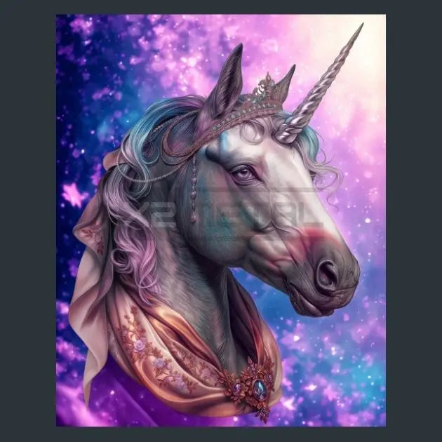 A stylized fantasy metal print portrait of a unicorn head and neck in profile against a glowing purple and blue cosmic background. The unicorn has a pale gray-white face, a silver horn, pastel lavender and blue hair, and an ornate pink and gold collar with a jeweled brooch.