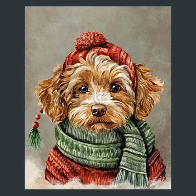 A stylized metal print portrait of a fluffy dog wearing a red knit hat with a pom-pom and a green striped knit scarf, set against a muted gray background.