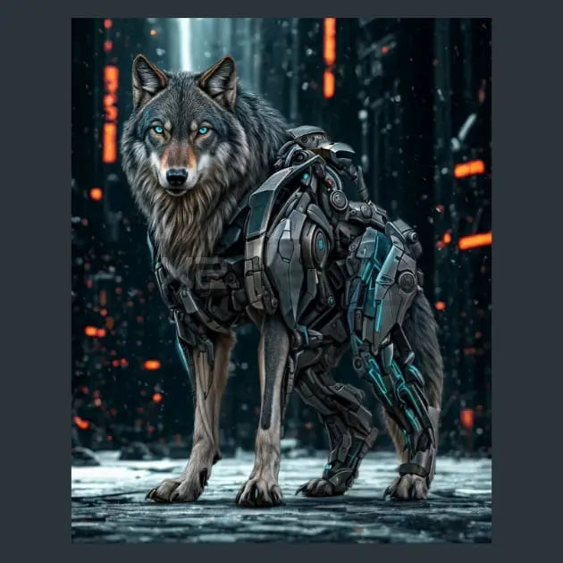 A highly detailed metal print illustration of a wolf wearing intricate futuristic mechanical armor, set against a dark sci-fi cityscape background with glowing orange lights.